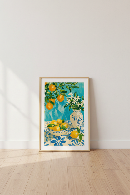 Citrus Still Life Art Print | Lemon Orange Kitchen Decor | Mediterranean Poster
