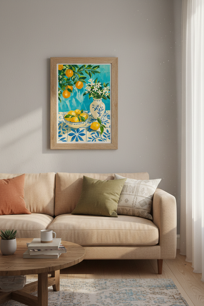 Citrus Still Life Art Print | Lemon Orange Kitchen Decor | Mediterranean Poster
