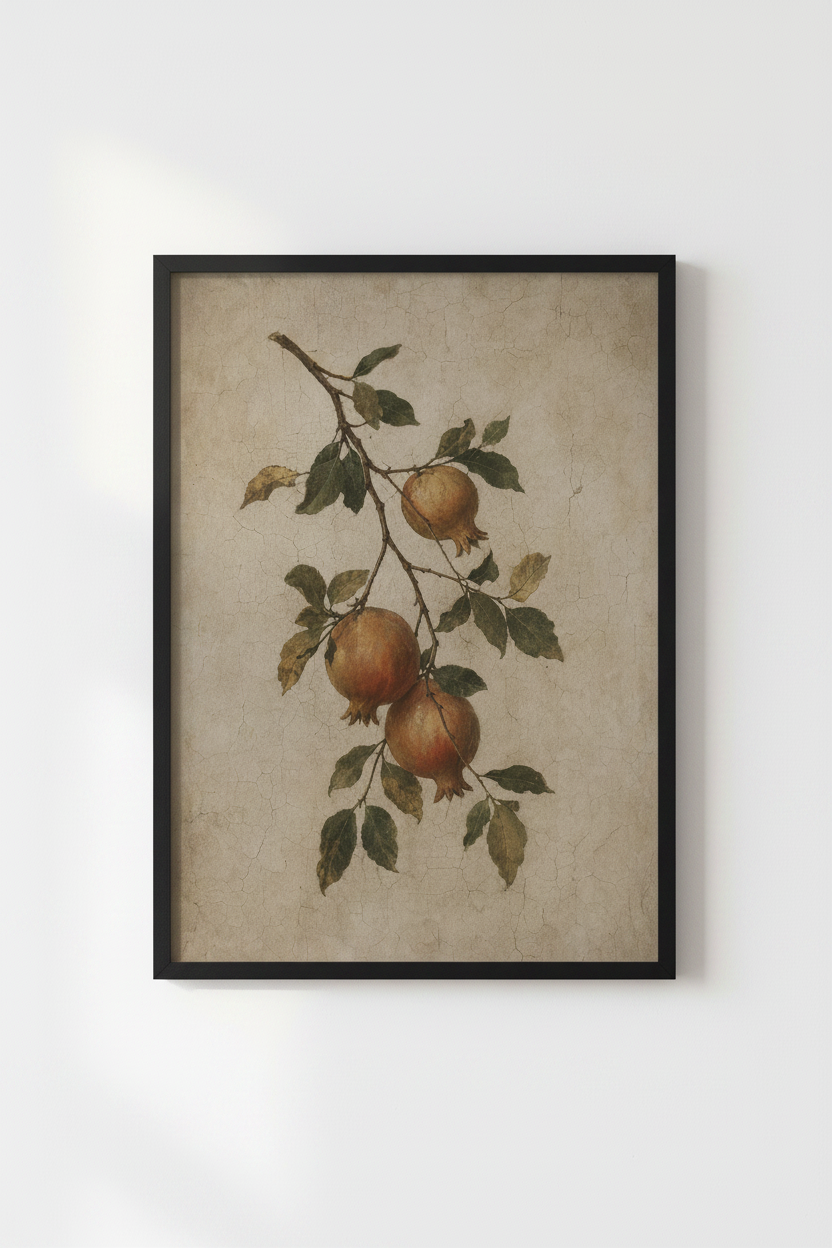 Vintage Pomegranate Branch Wall Art | Botanical Beige Decor | Antique Poster