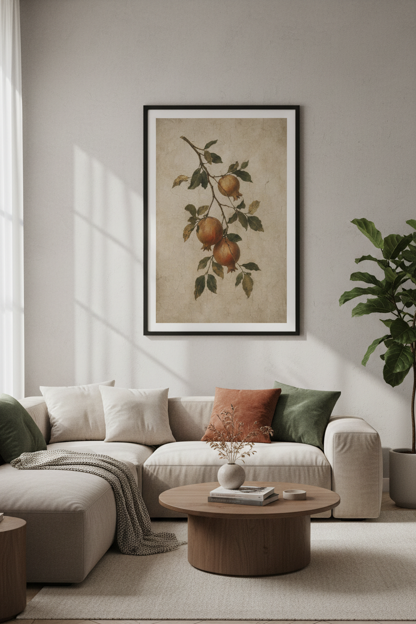 Vintage Pomegranate Branch Wall Art | Botanical Beige Decor | Antique Poster