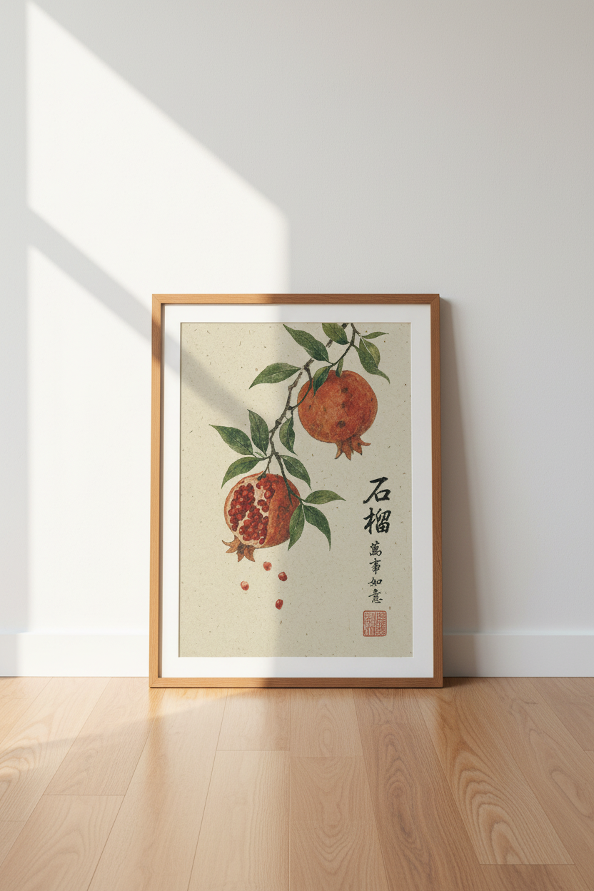 Japanese Pomegranate Wall Art | Vintage Botanical Ink Print, Zen Kitchen Decor