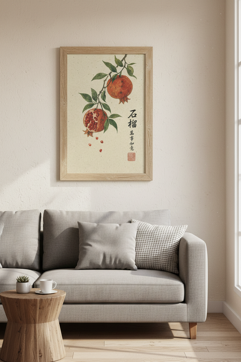 Japanese Pomegranate Wall Art | Vintage Botanical Ink Print, Zen Kitchen Decor