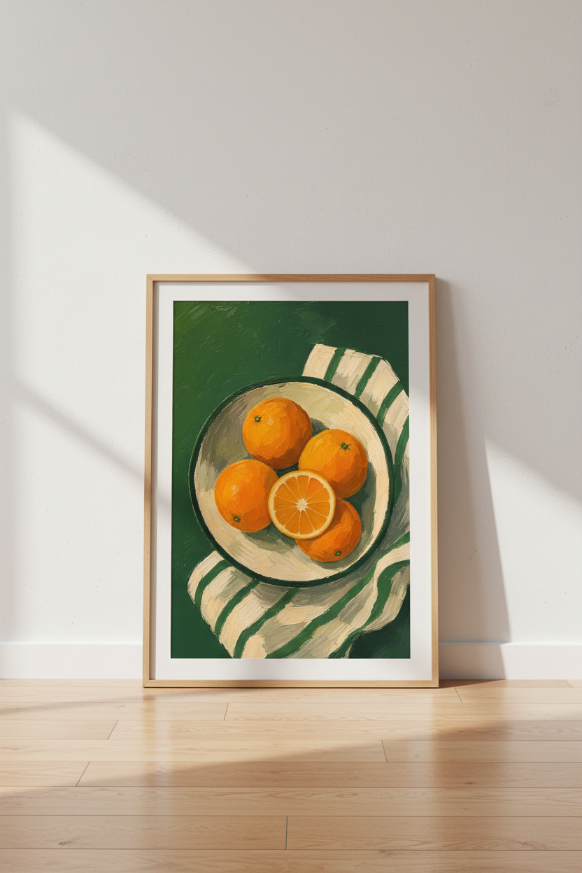 Orange Still Life Wall Art | Green Kitchen Decor | Impasto Fruit Poster