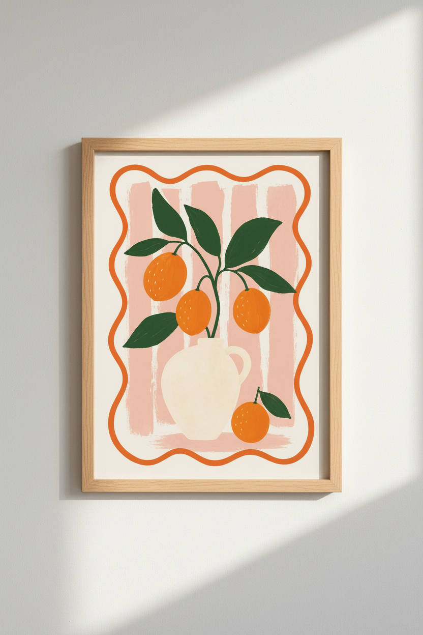 Orange Fruit Wall Art Print | Pink Striped Mediterranean Decor | Modern Kitchen Poster