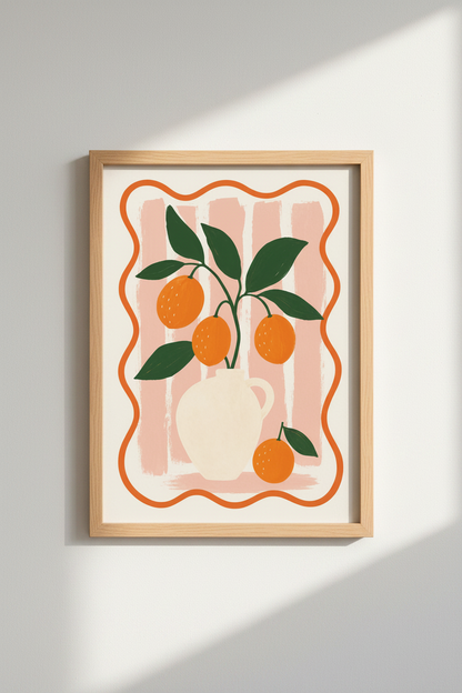 Orange Fruit Wall Art Print | Pink Striped Mediterranean Decor | Modern Kitchen Poster
