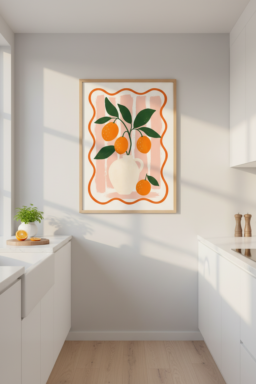 Orange Fruit Wall Art Print | Pink Striped Mediterranean Decor | Modern Kitchen Poster