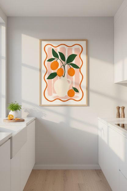 Orange Fruit Wall Art Print | Pink Striped Mediterranean Decor | Modern Kitchen Poster
