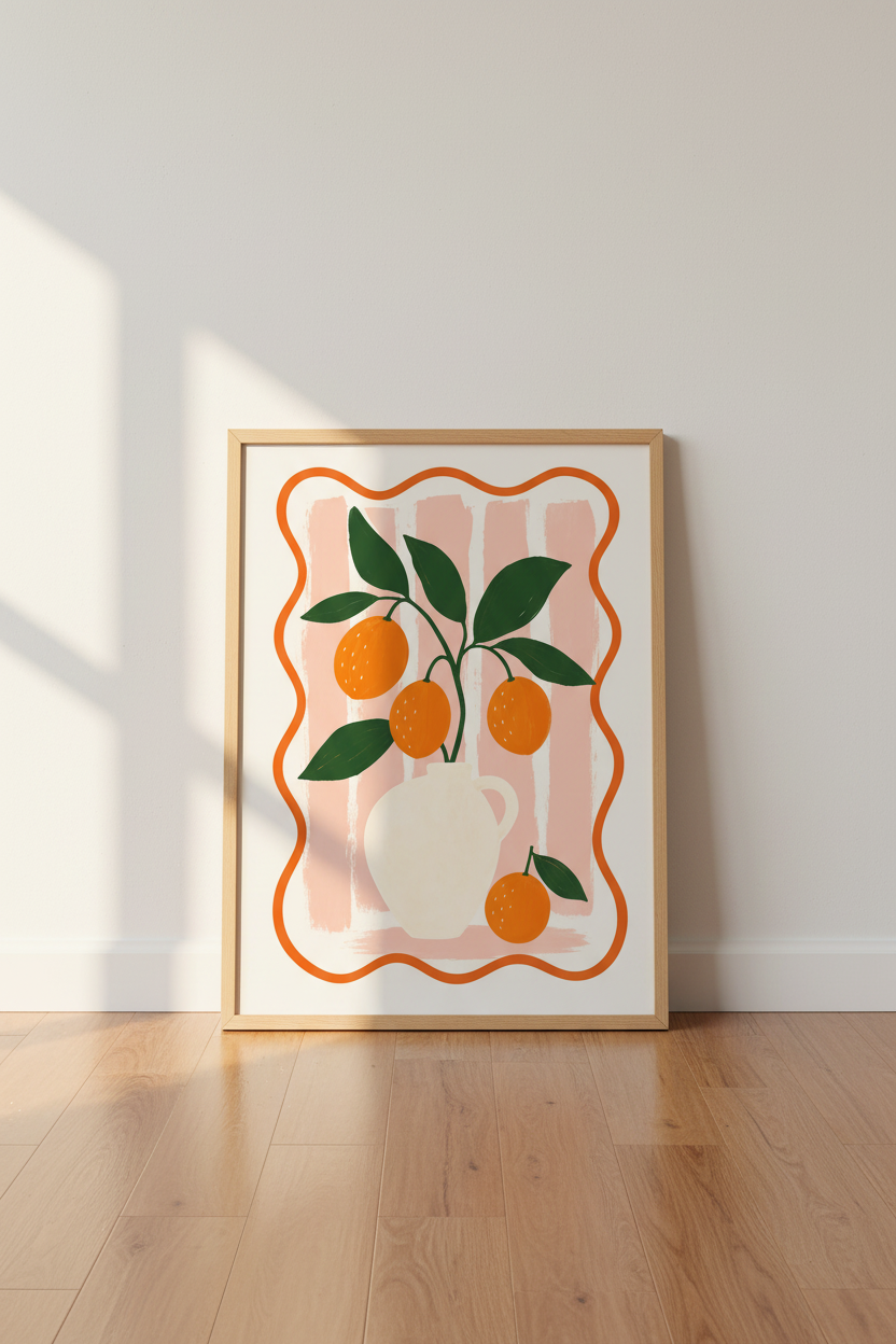 Orange Fruit Wall Art Print | Pink Striped Mediterranean Decor | Modern Kitchen Poster