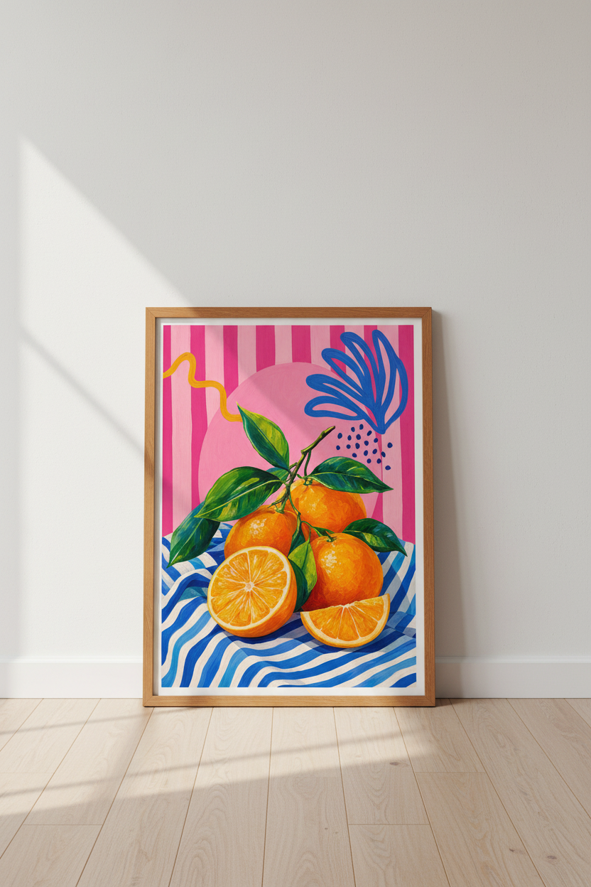Mediterranean Oranges Wall Art | Pink Striped Fruit Print, Bold Kitchen Decor