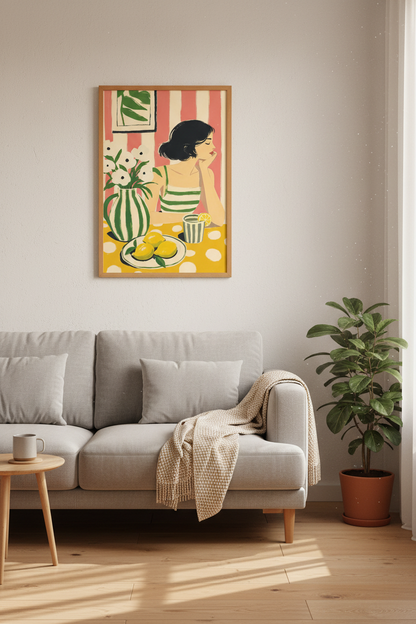 Mediterranean Woman &amp; Lemons Art | Pink Striped Summer Print, Kitchen Decor