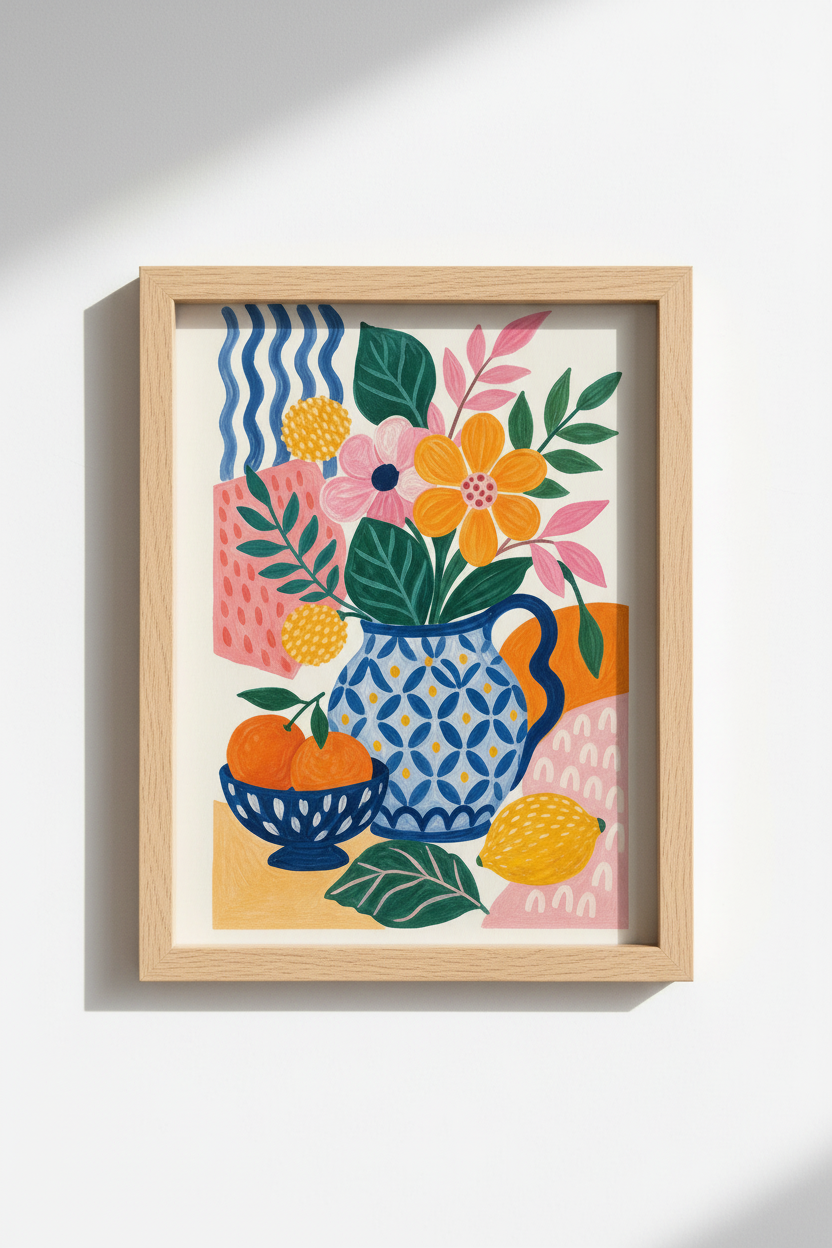 Colorful Floral Wall Art Print | Vibrant Mediterranean Still Life, Kitchen Decor