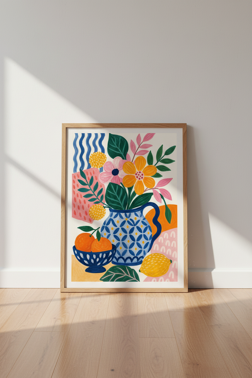 Colorful Floral Wall Art Print | Vibrant Mediterranean Still Life, Kitchen Decor