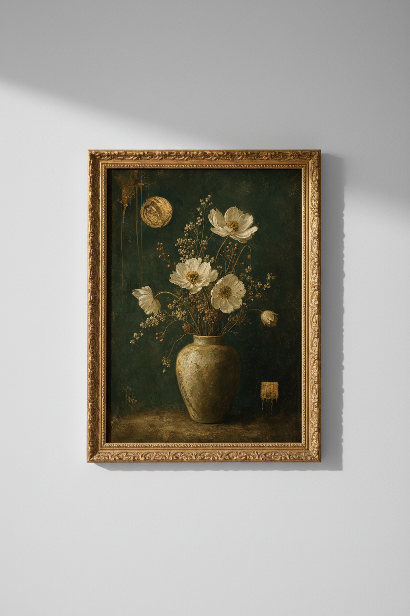 Floral poster | Vintage vase bouquet, dark green tones, living room decor