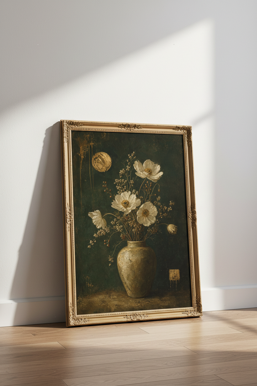 Floral poster | Vintage vase bouquet, dark green tones, living room decor
