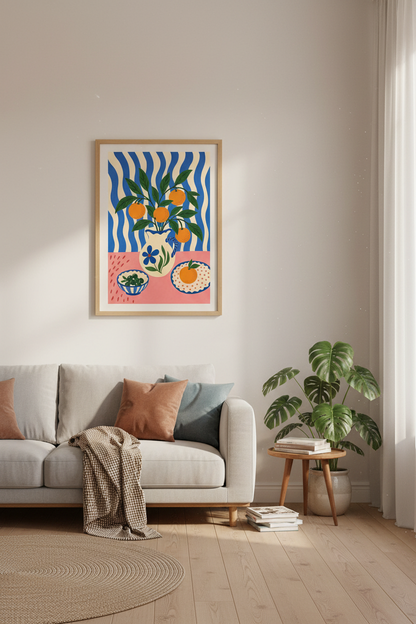 Orange Fruit Still Life Print | Blue Wavy Kitchen Decor | Matisse Aesthetic Poster