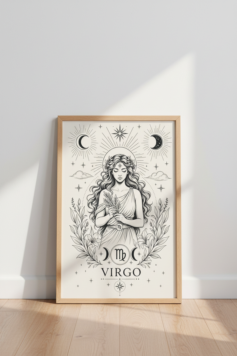 Virgo Zodiac Goddess Wall Art | Celestial Astrology Print | Boho Minimalist Poster