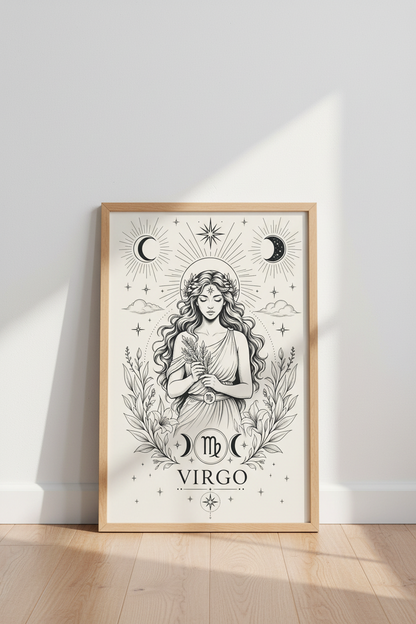 Virgo Zodiac Goddess Wall Art | Celestial Astrology Print | Boho Minimalist Poster