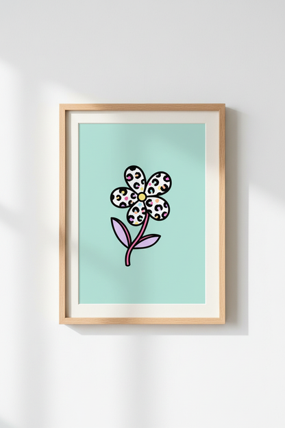 Preppy Flower Wall Art | Y2K Leopard Daisy Poster, Teal Pastel Dorm Room Decor