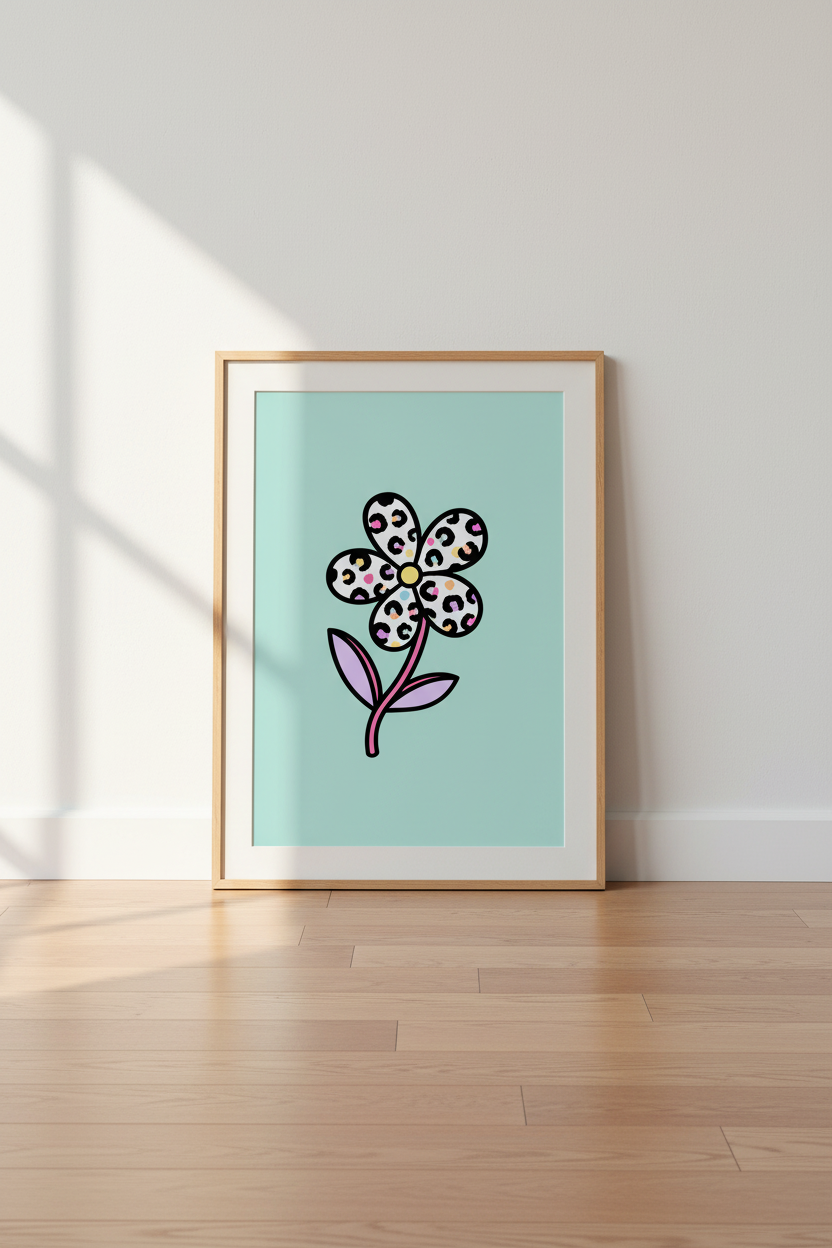 Preppy Flower Wall Art | Y2K Leopard Daisy Poster, Teal Pastel Dorm Room Decor