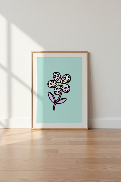 Preppy Flower Wall Art | Y2K Leopard Daisy Poster, Teal Pastel Dorm Room Decor