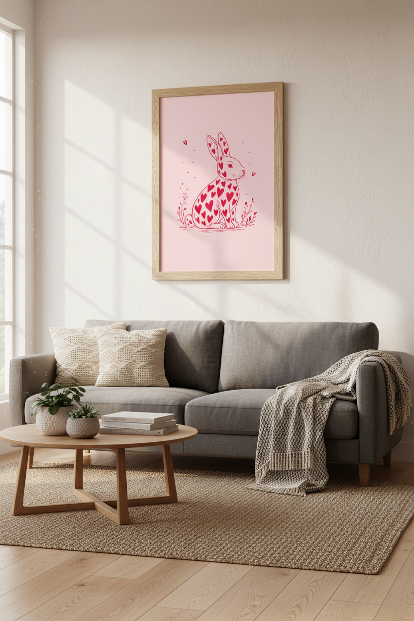 Heart Bunny Wall Art Print | Pink Nursery Decor | Whimsical Rabbit Poster