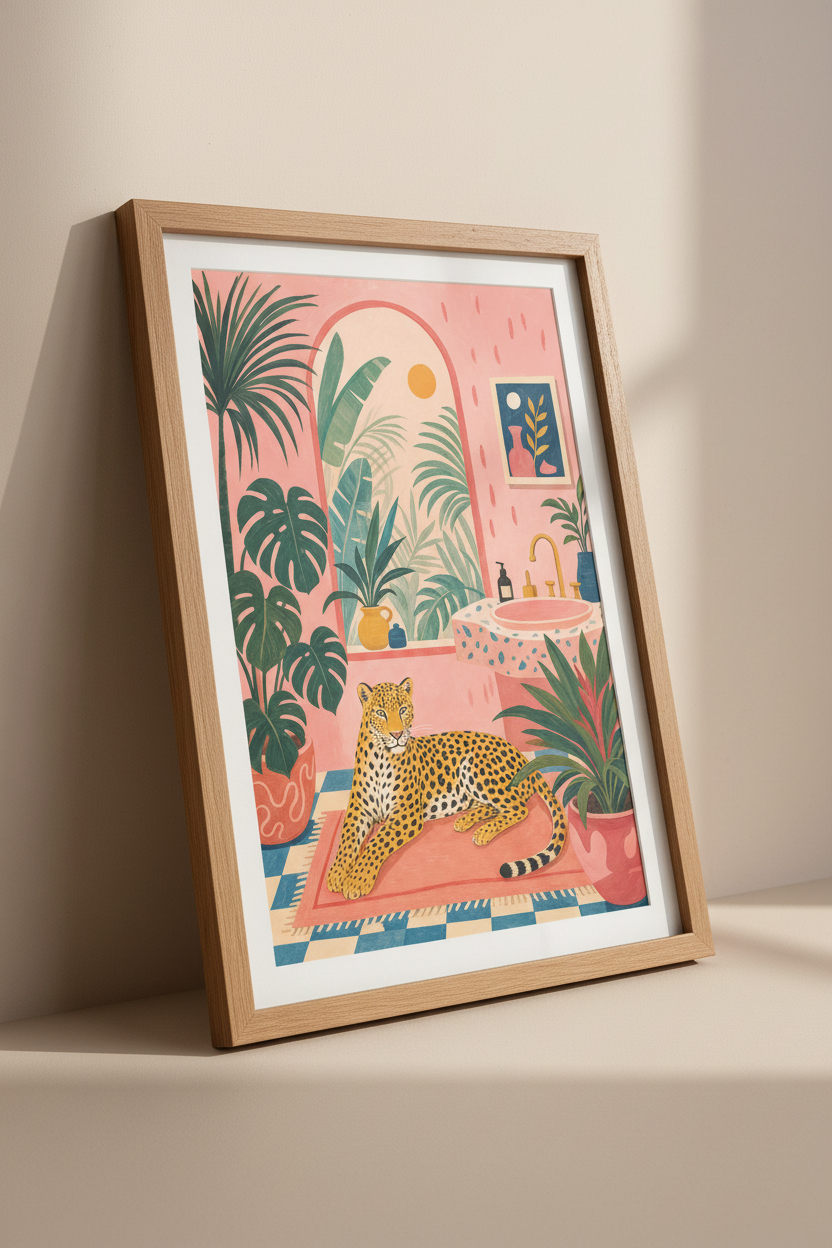 Pink Jungle Leopard Wall Art Print | Maximalist Bathroom Decor | Tropical Boho Poster