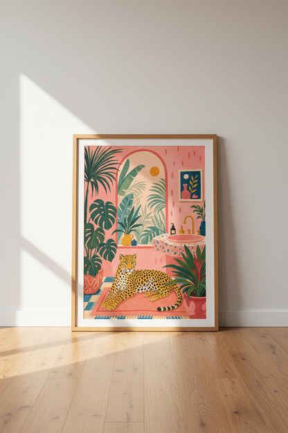 Pink Jungle Leopard Wall Art Print | Maximalist Bathroom Decor | Tropical Boho Poster