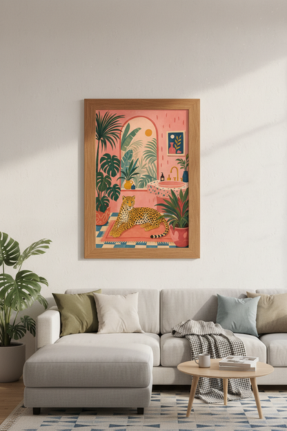 Pink Jungle Leopard Wall Art Print | Maximalist Bathroom Decor | Tropical Boho Poster