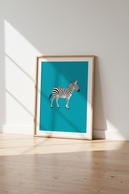 Modern Zebra Art Print | Blue Wildlife Poster for Nursery &amp; Living Room Decor