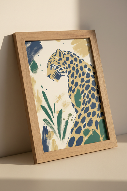 Leopard Illustration | Navy &amp; Gold Abstract Animal, Living Room Wall Art