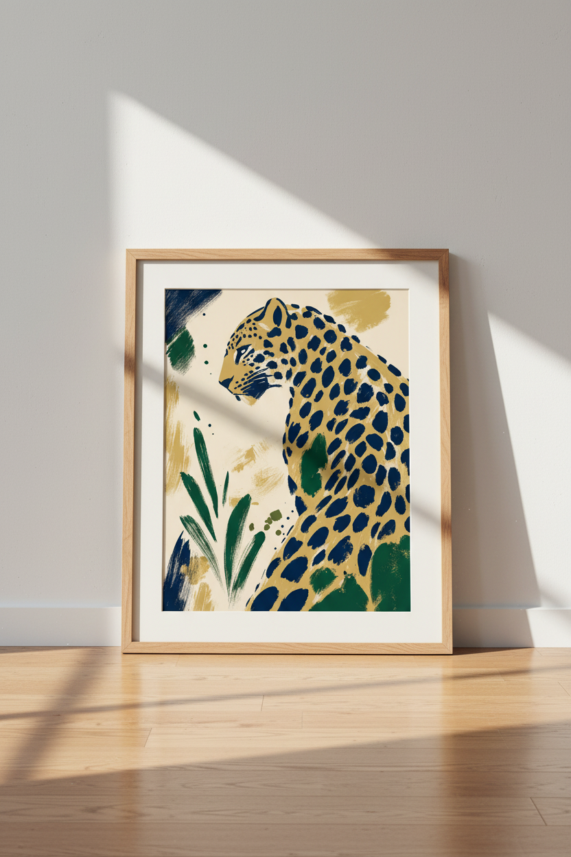 Leopard Illustration | Navy &amp; Gold Abstract Animal, Living Room Wall Art