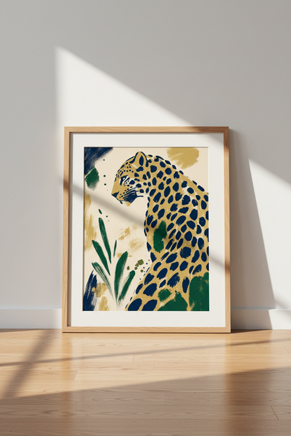 Leopard Illustration | Navy &amp; Gold Abstract Animal, Living Room Wall Art