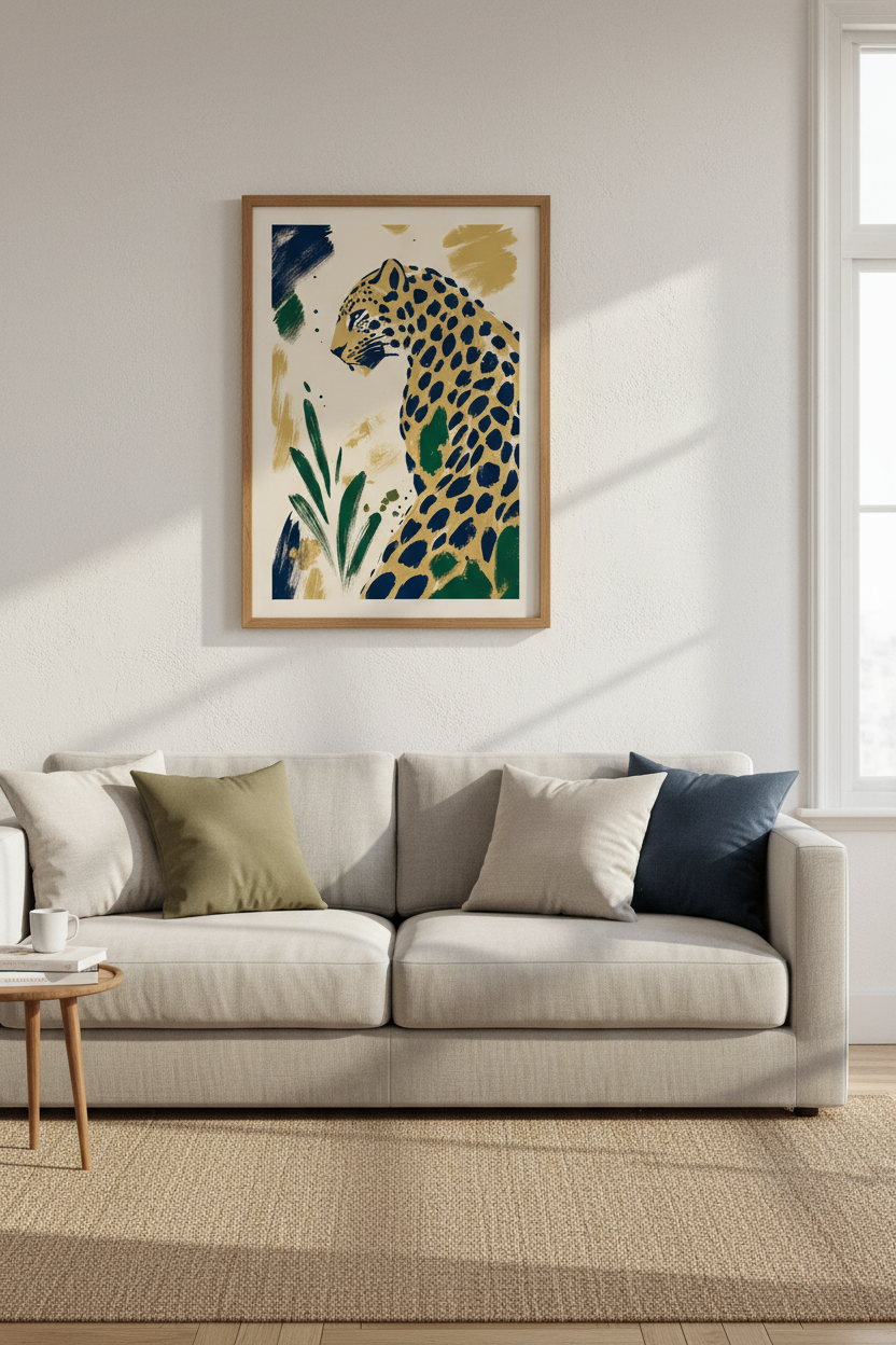Leopard Illustration | Navy &amp; Gold Abstract Animal, Living Room Wall Art