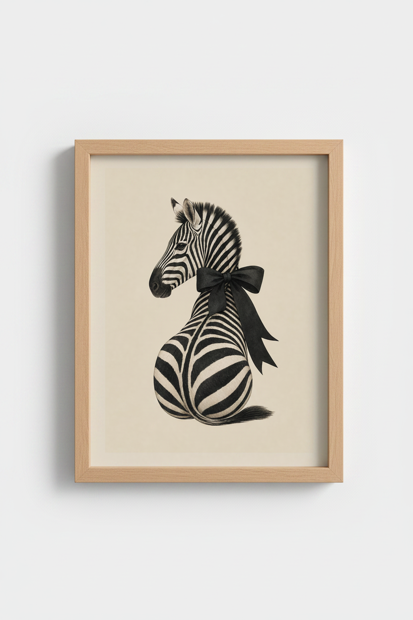 Zebra Bow Art Print | Vintage Safari Nursery Decor | Coquette Aesthetic Poster