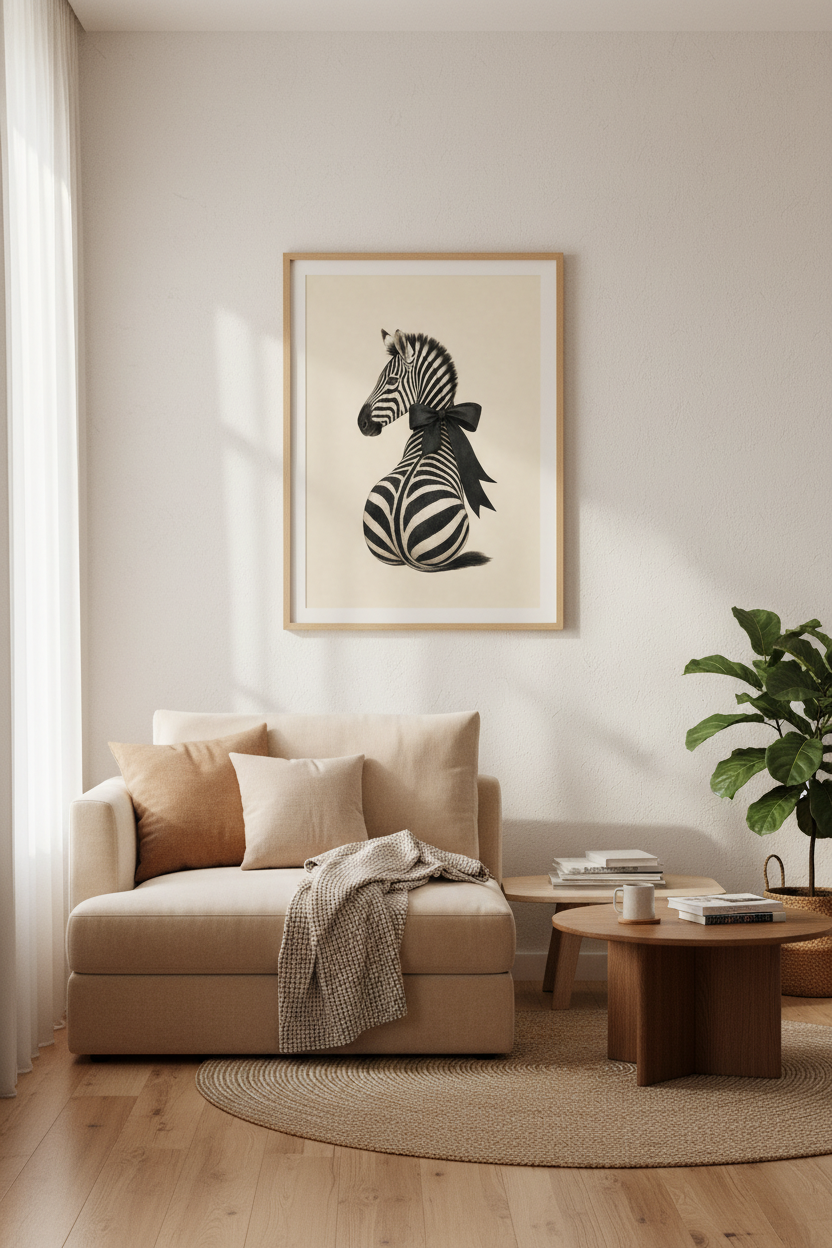 Zebra Bow Art Print | Vintage Safari Nursery Decor | Coquette Aesthetic Poster