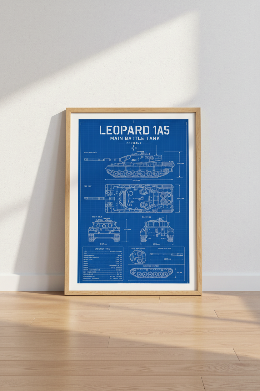 Leopard 1A5 Tank Blueprint | Military Technical Poster, Man Cave Wall Art