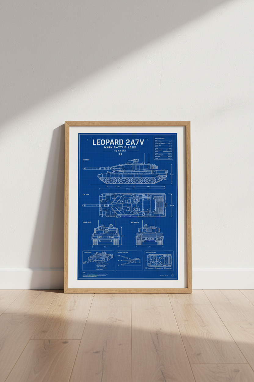 Leopard 2A7V Tank Blueprint | Military Tech Wall Art, Man Cave Decor