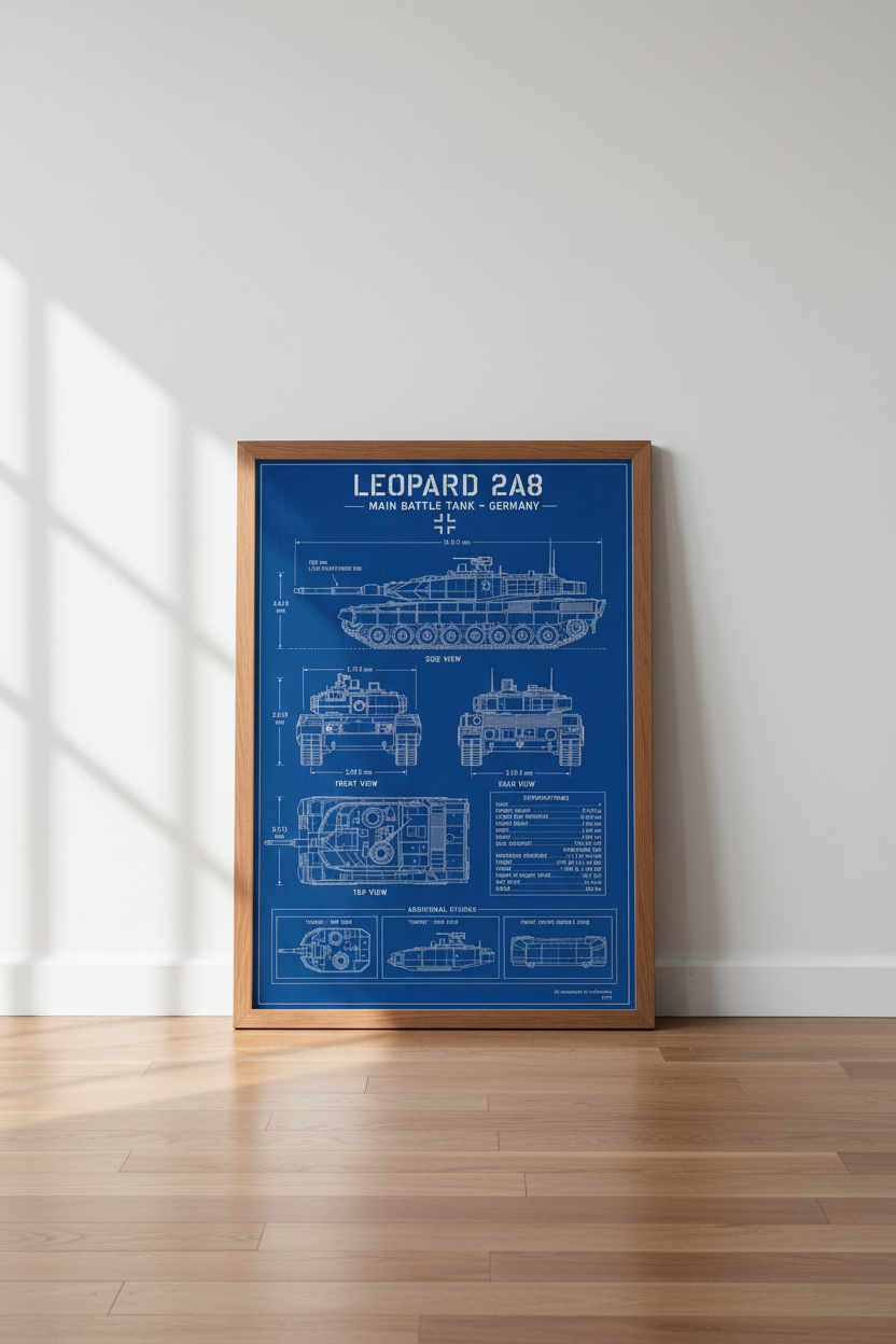 Leopard 2A8 Tank Blueprint Wall Art | Military Technical Poster | Office Decor