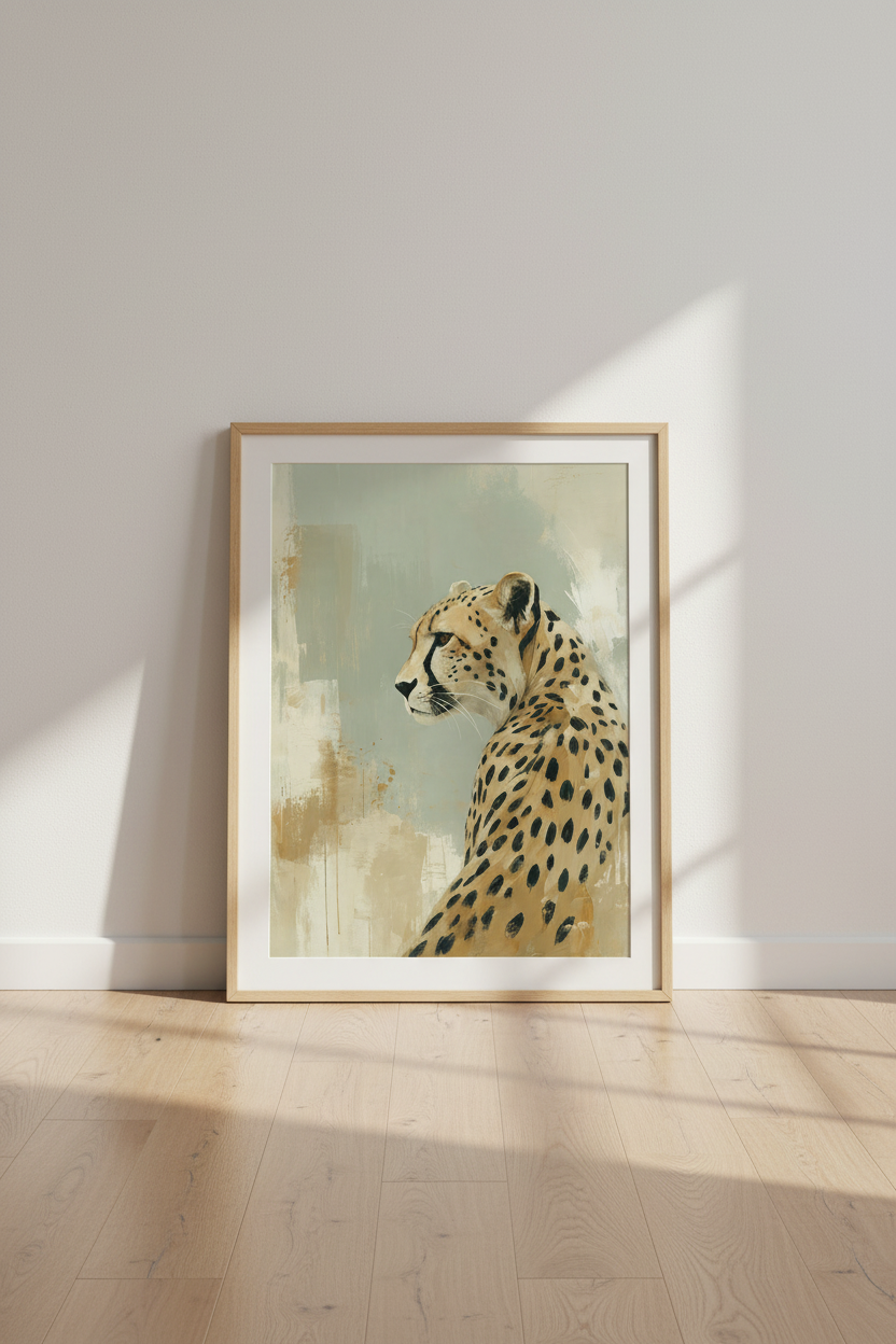 Cheetah Portrait Wall Art | Sage Green Abstract Animal Print, Modern Safari Poster