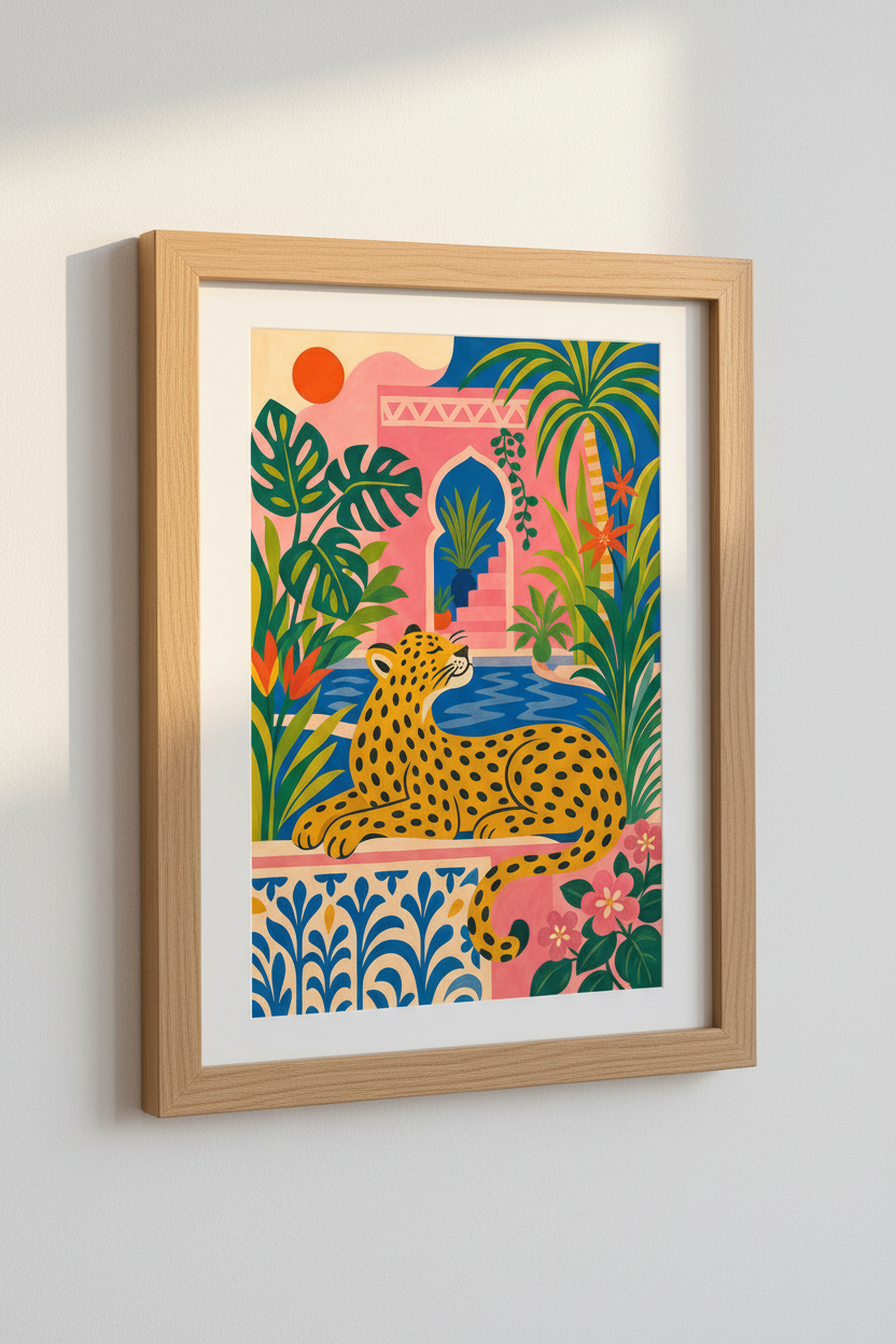 Leopard Moroccan Garden Wall Art | Pink Jungle Print, Maximalist Living Room Decor