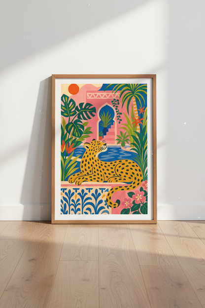 Leopard Moroccan Garden Wall Art | Pink Jungle Print, Maximalist Living Room Decor