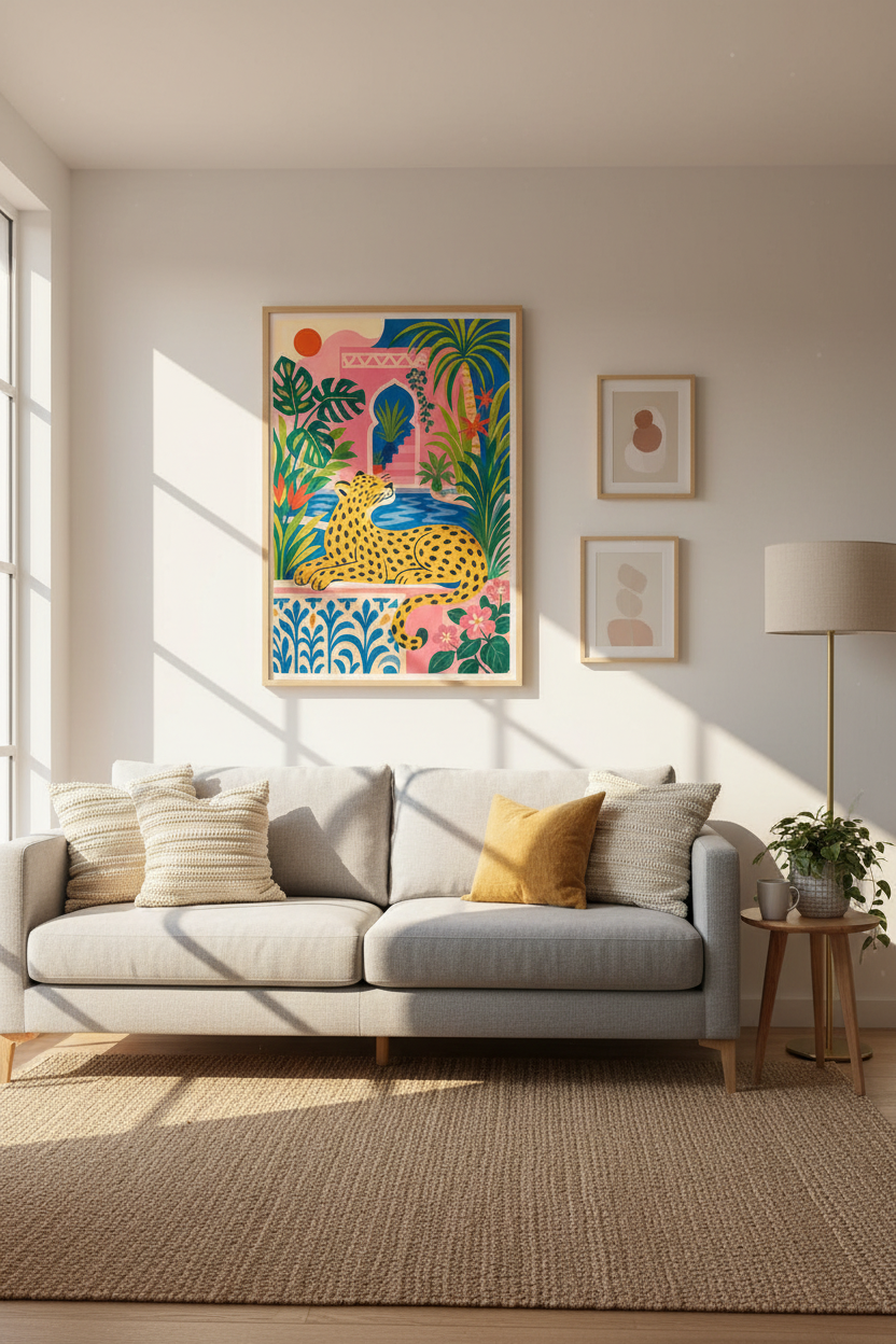 Leopard Moroccan Garden Wall Art | Pink Jungle Print, Maximalist Living Room Decor
