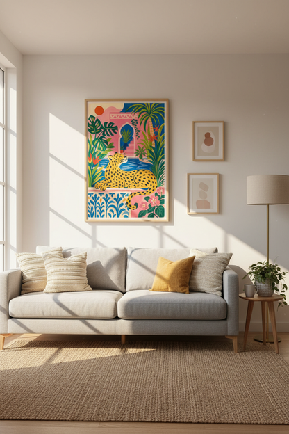 Leopard Moroccan Garden Wall Art | Pink Jungle Print, Maximalist Living Room Decor