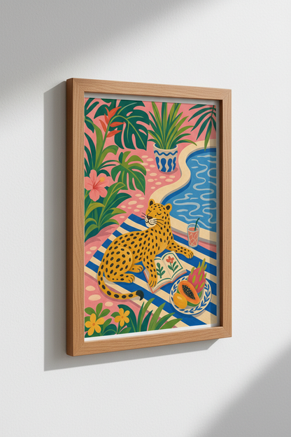 Leopard Poolside Wall Art | Pink Tropical Jungle Print, Maximalist Decor