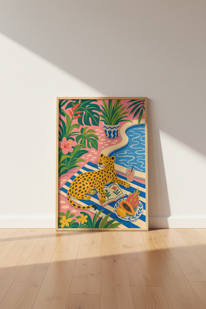 Leopard Poolside Wall Art | Pink Tropical Jungle Print, Maximalist Decor