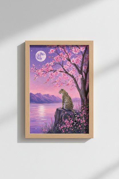 Japanese Leopard Wall Art | Cherry Blossom Moon Aesthetic, Purple Dreamy Poster
