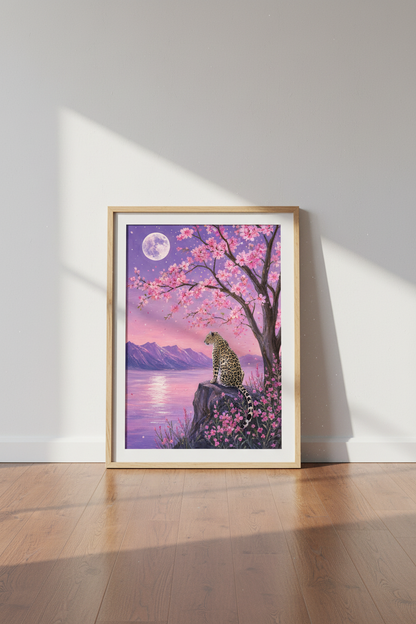 Japanese Leopard Wall Art | Cherry Blossom Moon Aesthetic, Purple Dreamy Poster