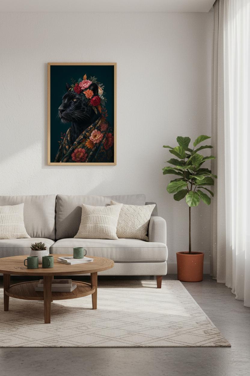 Black Panther Art Print | Floral Leopard Poster, Moody Dark Maximalist Living Room Decor