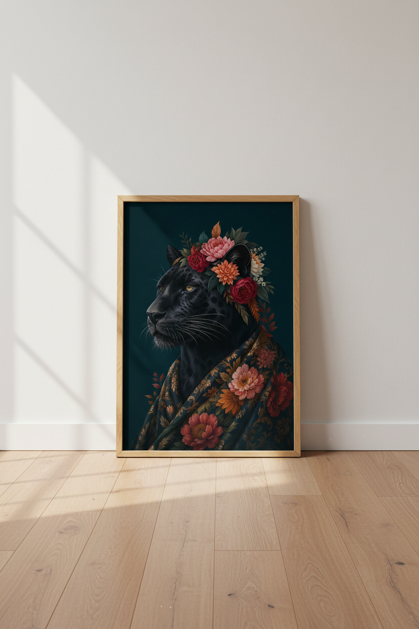 Black Panther Art Print | Floral Leopard Poster, Moody Dark Maximalist Living Room Decor