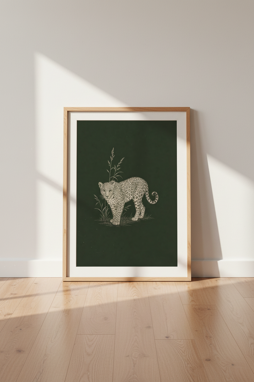 Leopard wall art print | Emerald safari decor | Living room poster